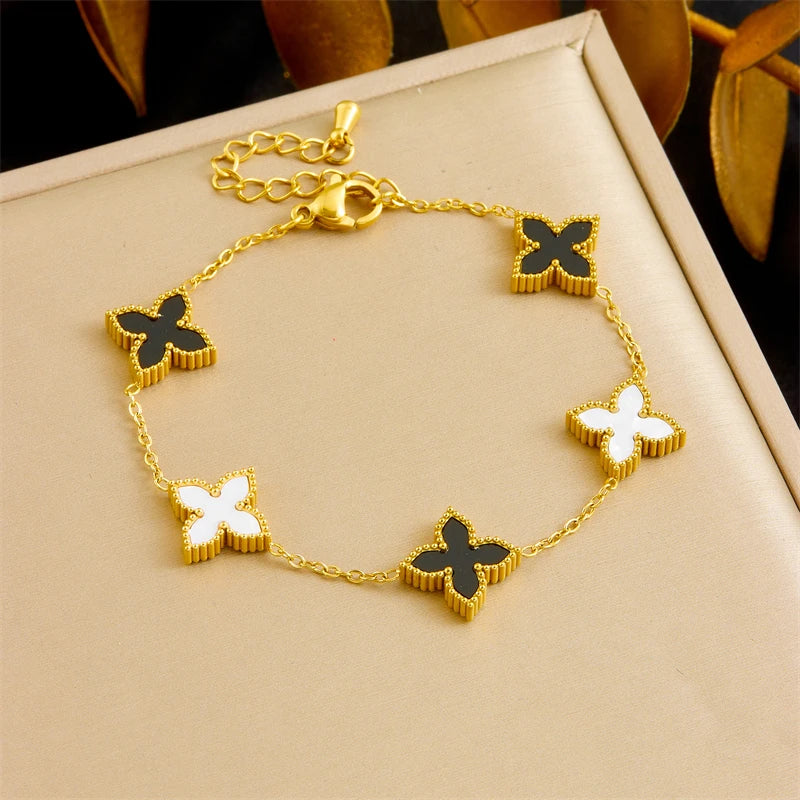 Stainless Steel Fashion Black White Double sided Flower Necklace Bracelet Set Women New Elegant Trend Jewelry Gift