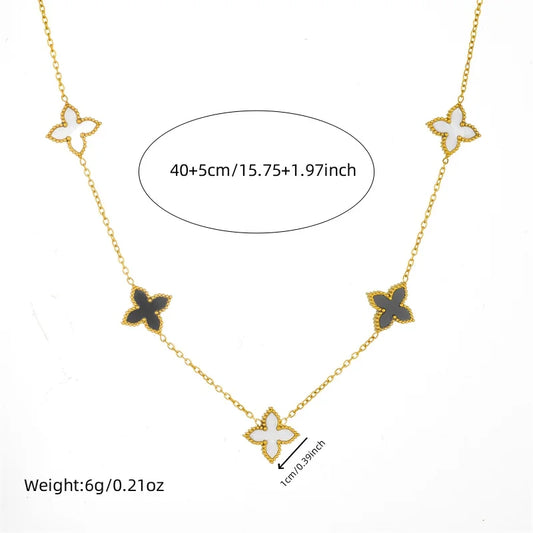 Stainless Steel Fashion Black White Double sided Flower Necklace Bracelet Set Women New Elegant Trend Jewelry Gift