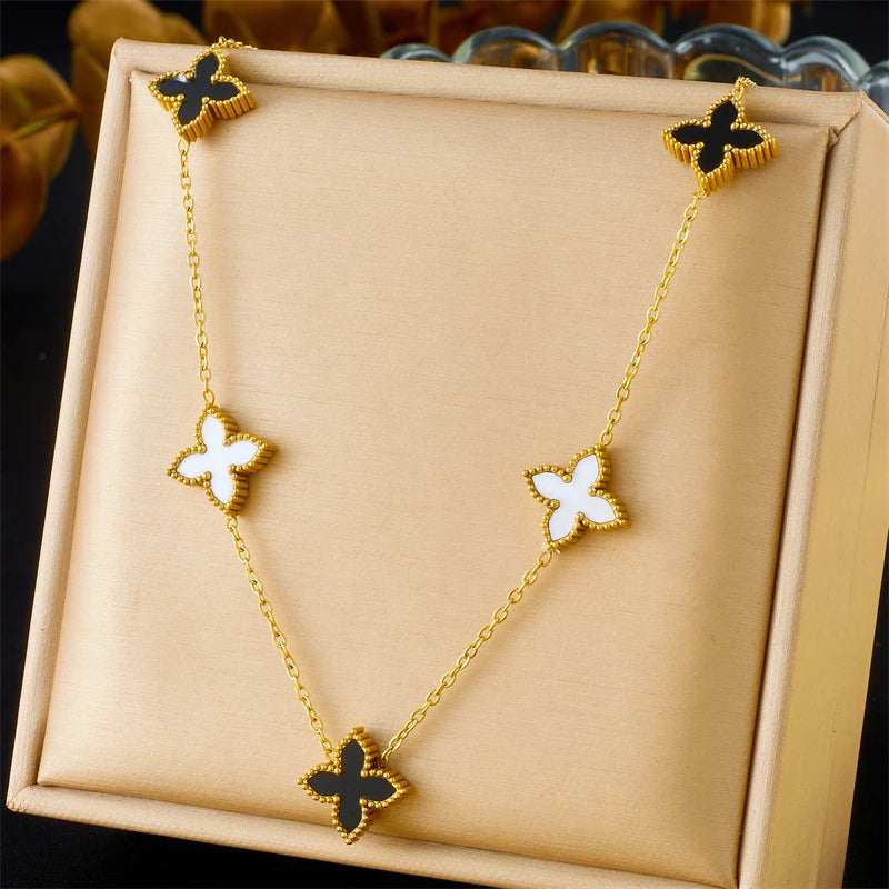 Stainless Steel Fashion Black White Double sided Flower Necklace Bracelet Set Women New Elegant Trend Jewelry Gift