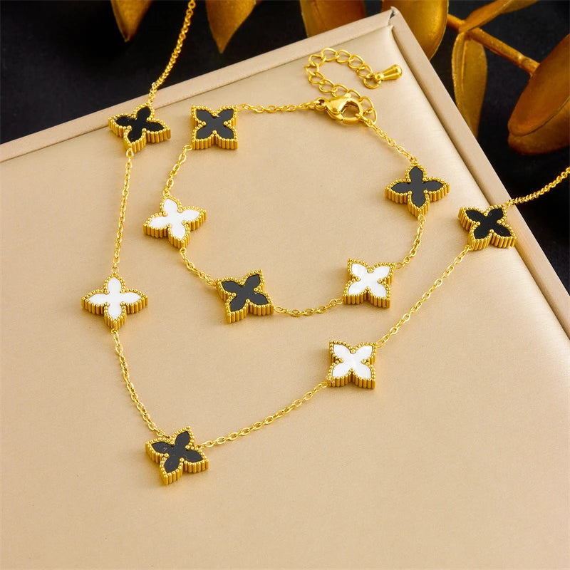 Stainless Steel Fashion Black White Double sided Flower Necklace Bracelet Set Women New Elegant Trend Jewelry Gift