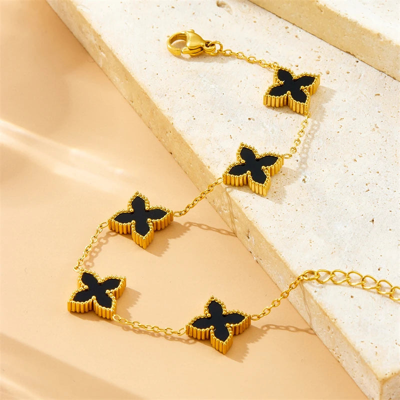 Stainless Steel Fashion Black White Double sided Flower Necklace Bracelet Set Women New Elegant Trend Jewelry Gift