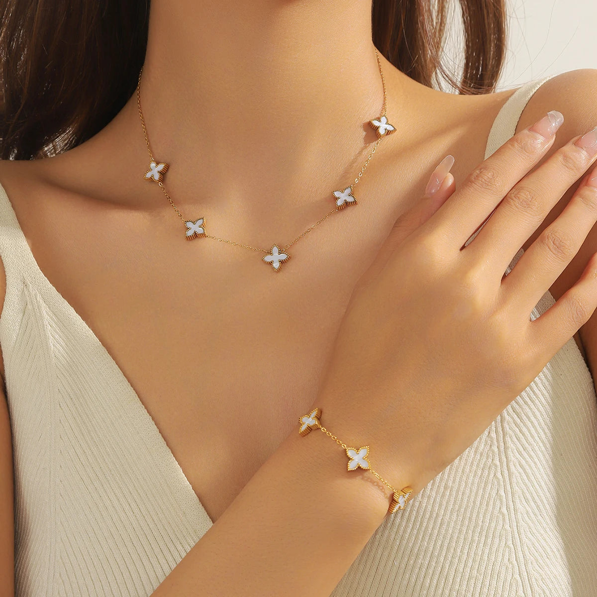 Stainless Steel Fashion Black White Double sided Flower Necklace Bracelet Set Women New Elegant Trend Jewelry Gift
