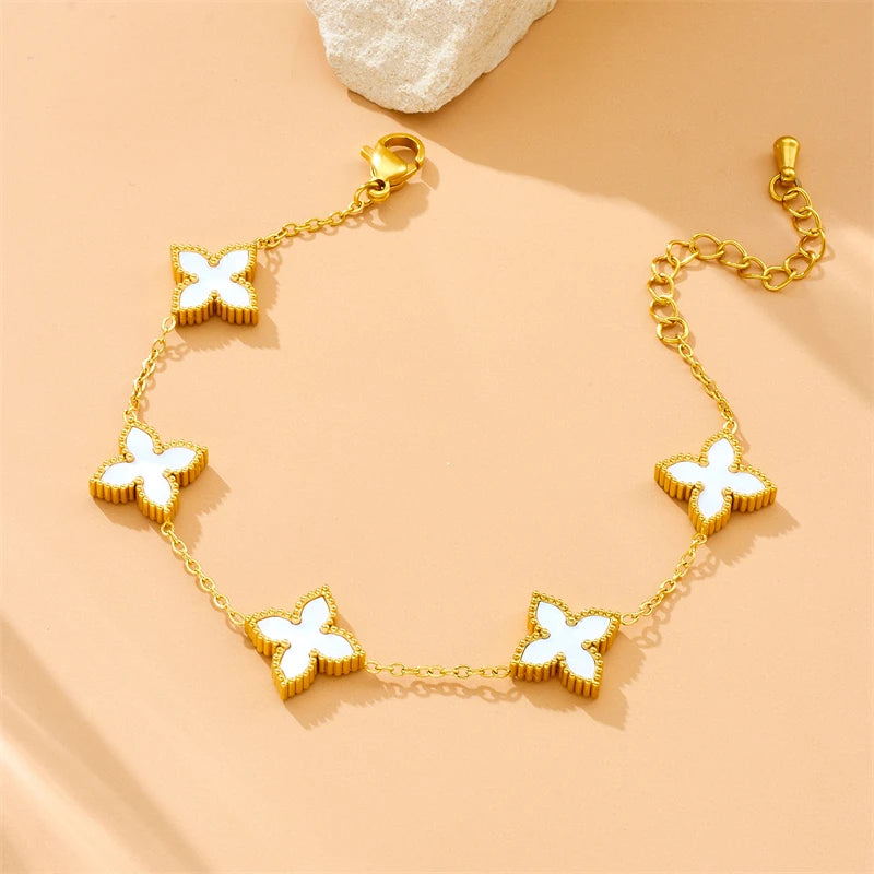 Stainless Steel Fashion Black White Double sided Flower Necklace Bracelet Set Women New Elegant Trend Jewelry Gift