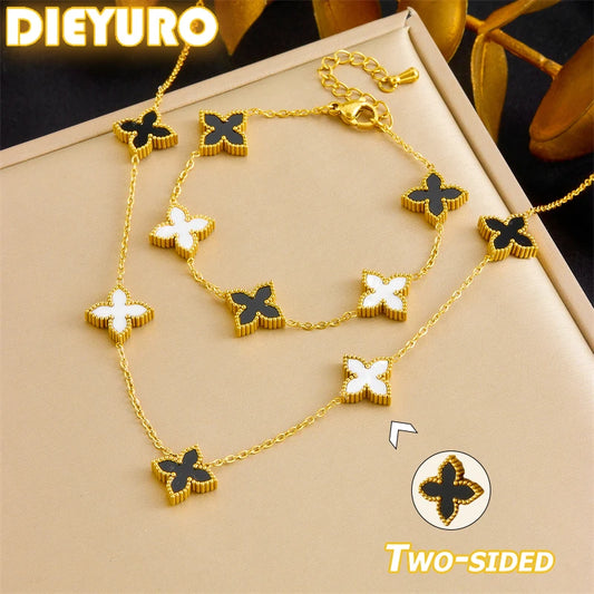 Stainless Steel Fashion Black White Double sided Flower Necklace Bracelet Set Women New Elegant Trend Jewelry Gift