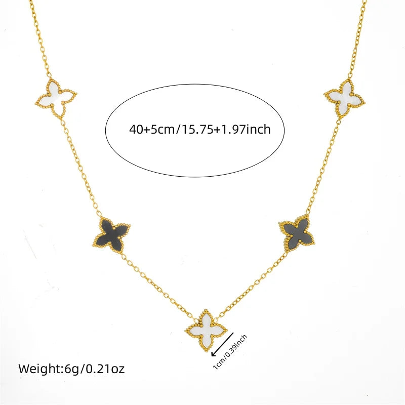 Stainless Steel Fashion Black White Double sided Flower Necklace Bracelet Set Women New Elegant Trend Jewelry Gift
