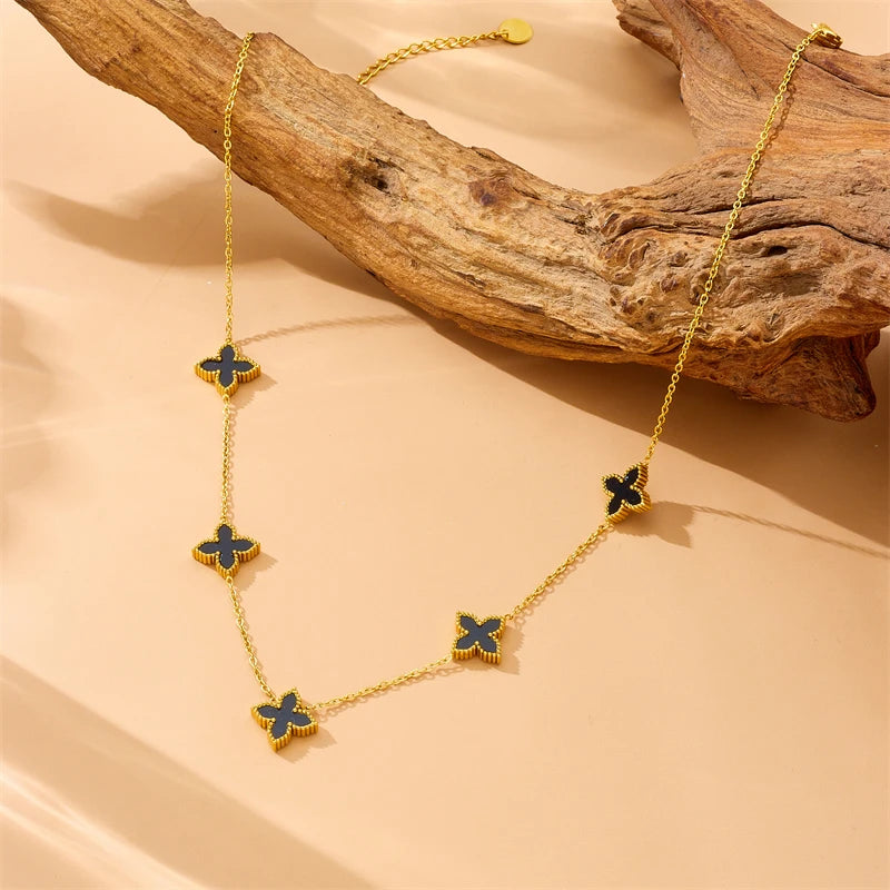 Stainless Steel Fashion Black White Double sided Flower Necklace Bracelet Set Women New Elegant Trend Jewelry Gift