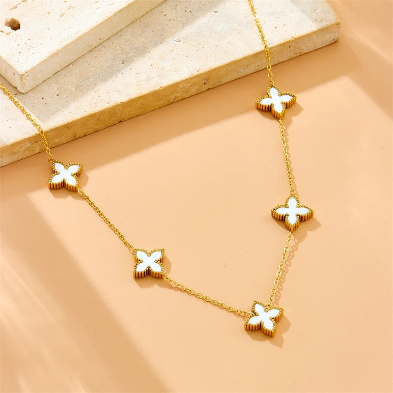 Stainless Steel Fashion Black White Double sided Flower Necklace Bracelet Set Women New Elegant Trend Jewelry Gift