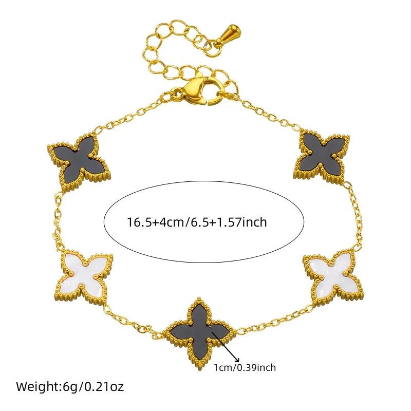 Stainless Steel Fashion Black White Double sided Flower Necklace Bracelet Set Women New Elegant Trend Jewelry Gift